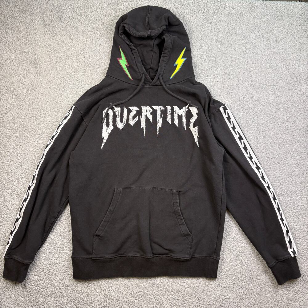 Overtime Hoodie Mens Medium Black Hooded Pullover Bolt Sweatshirt Drawstring
